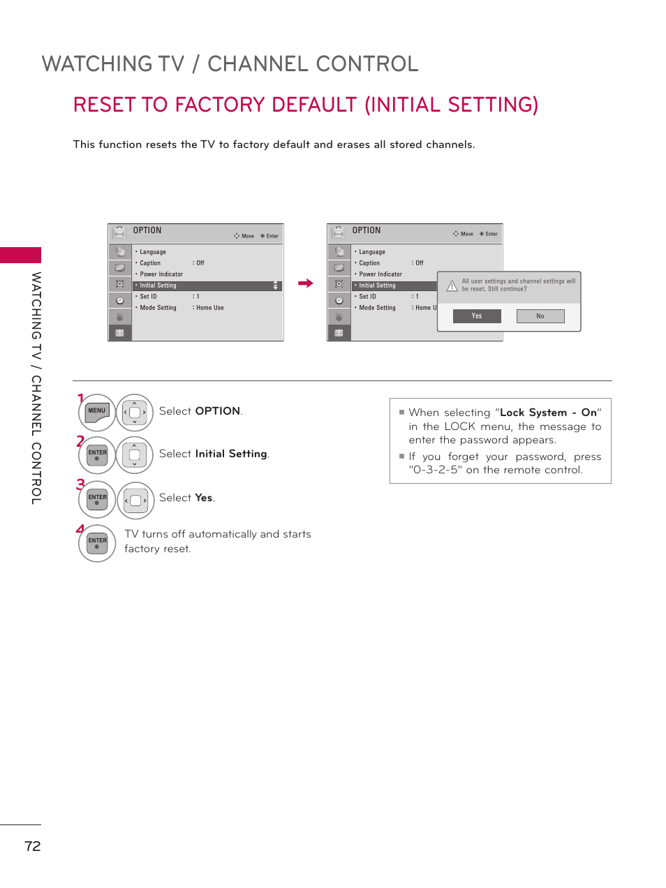 Watching tv / channel control, Reset to factory default (initial setting) | LG 37LD450 User Manual | Page 72 / 172