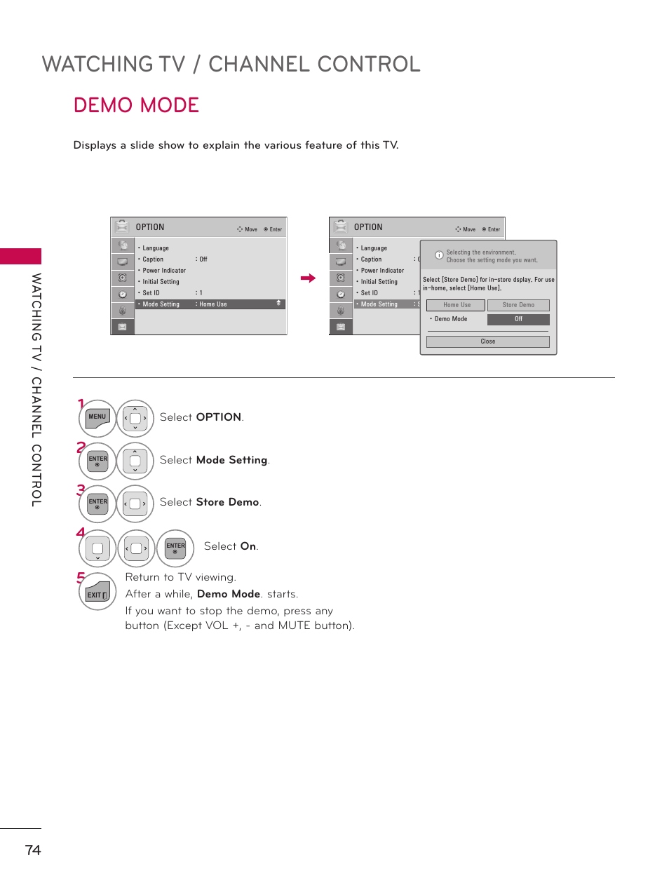 Watching tv / channel control, Demo mode | LG 37LD450 User Manual | Page 74 / 172