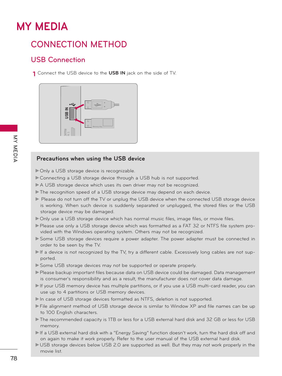 My media, Connection method, Usb connection | Precautions when using the usb device | LG 37LD450 User Manual | Page 78 / 172