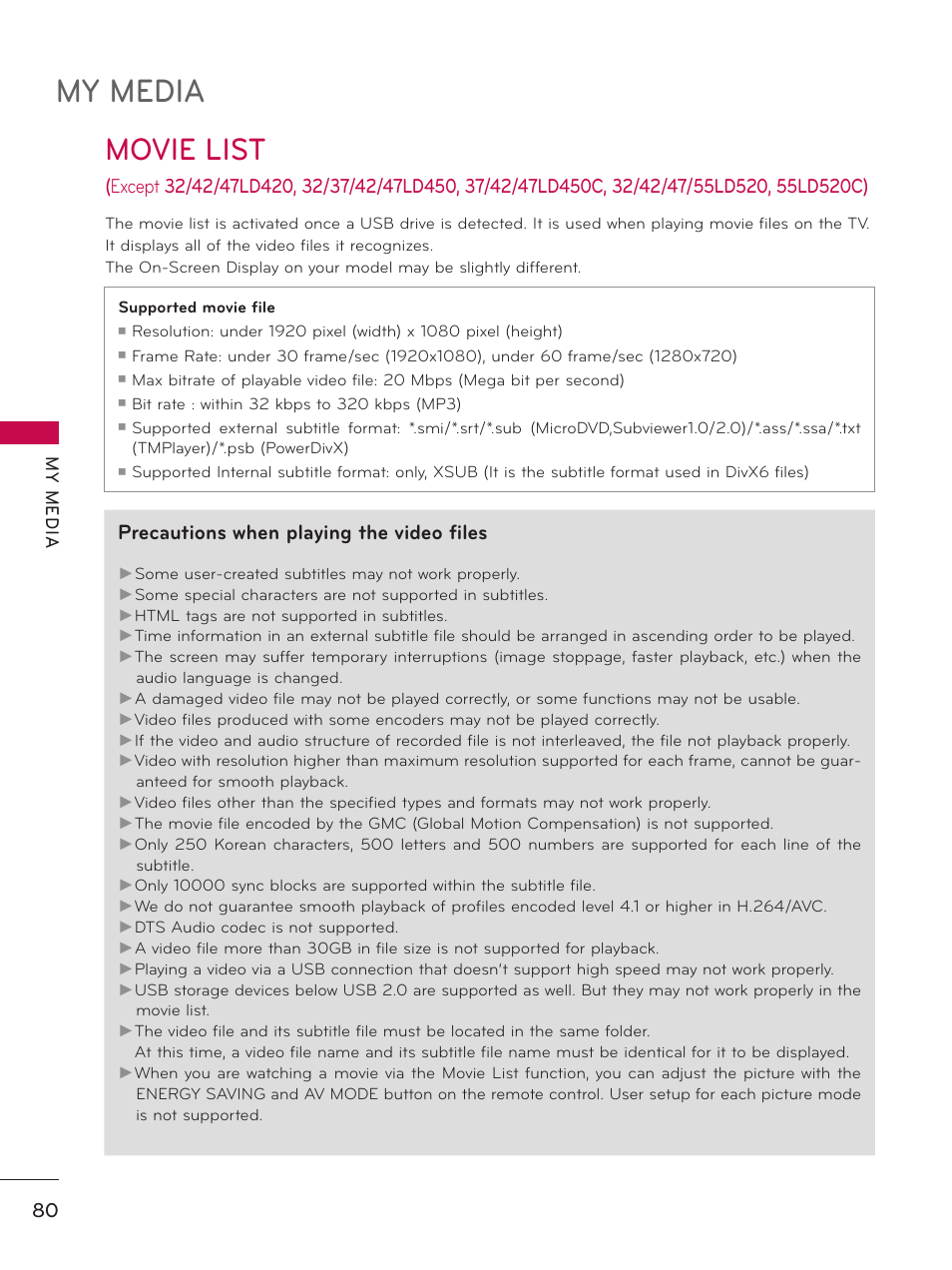 My media, Movie list, Precautions when playing the video files | LG 37LD450 User Manual | Page 80 / 172