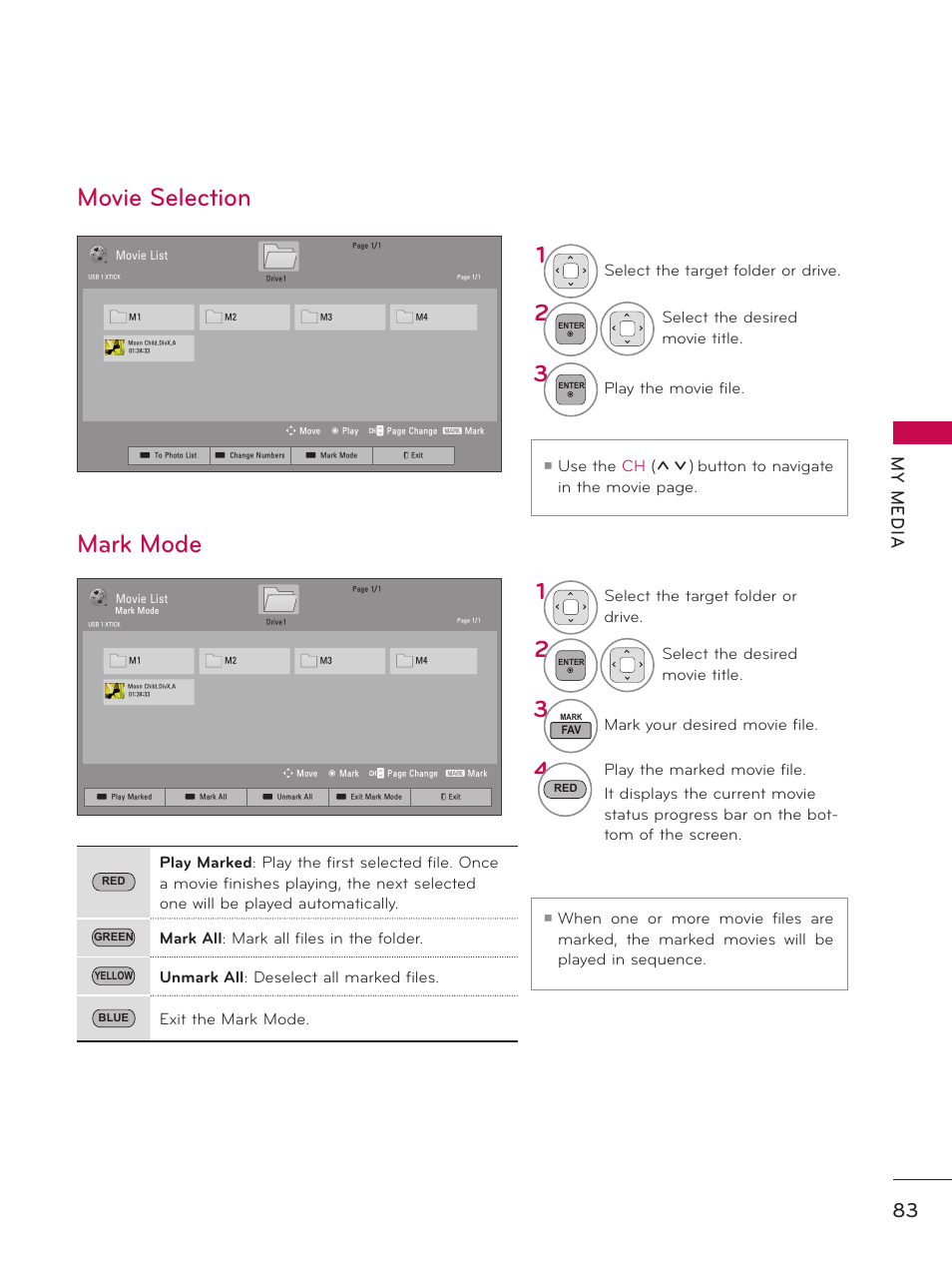 Movie selection mark mode, My m ed ia | LG 37LD450 User Manual | Page 83 / 172