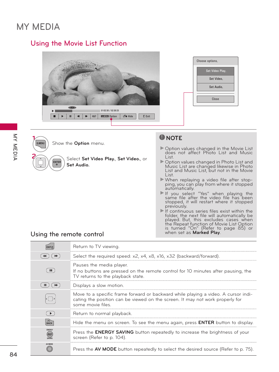 My media, Using the movie list function, Using the remote control | My m ed ia | LG 37LD450 User Manual | Page 84 / 172