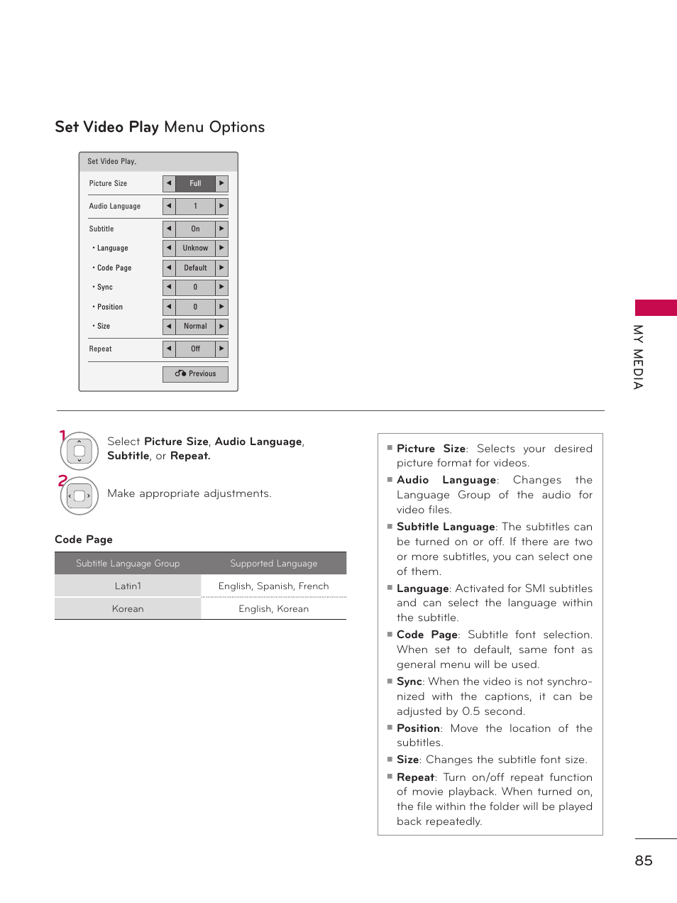 Set video play menu options, My m ed ia | LG 37LD450 User Manual | Page 85 / 172