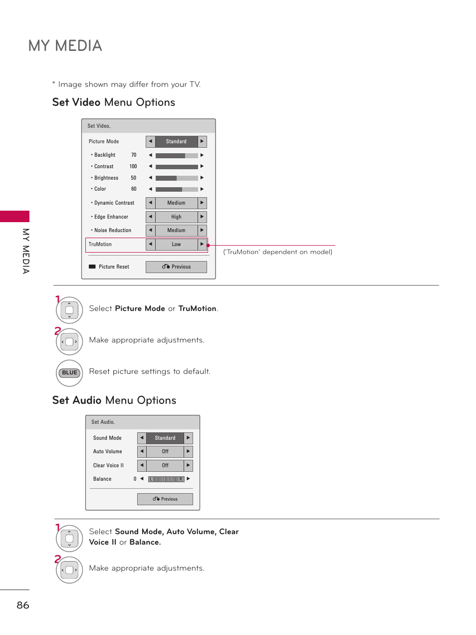 My media, Set video menu options set audio menu options, My m ed ia | LG 37LD450 User Manual | Page 86 / 172