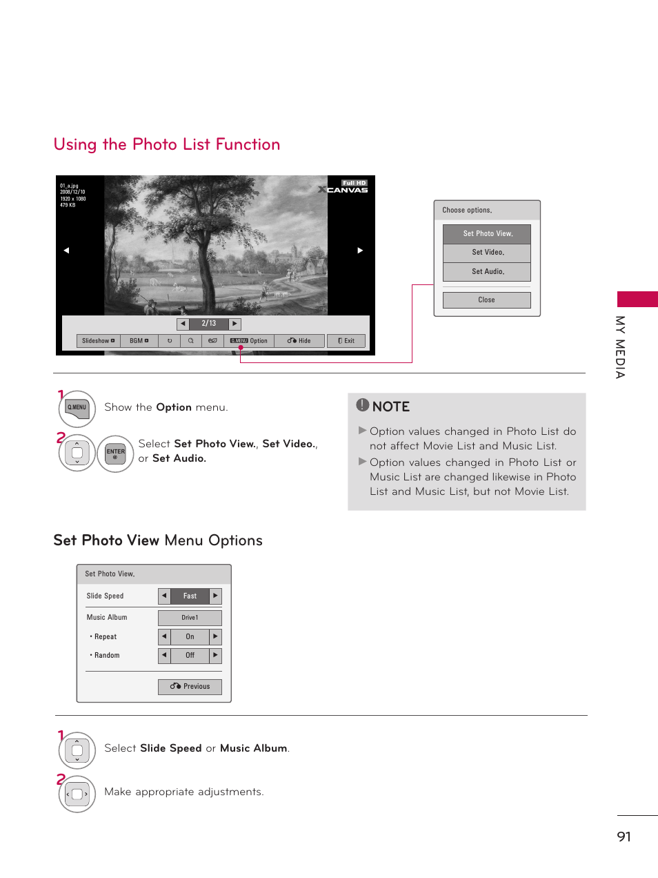 Using the photo list function, Set photo view menu options, My m ed ia | LG 37LD450 User Manual | Page 91 / 172