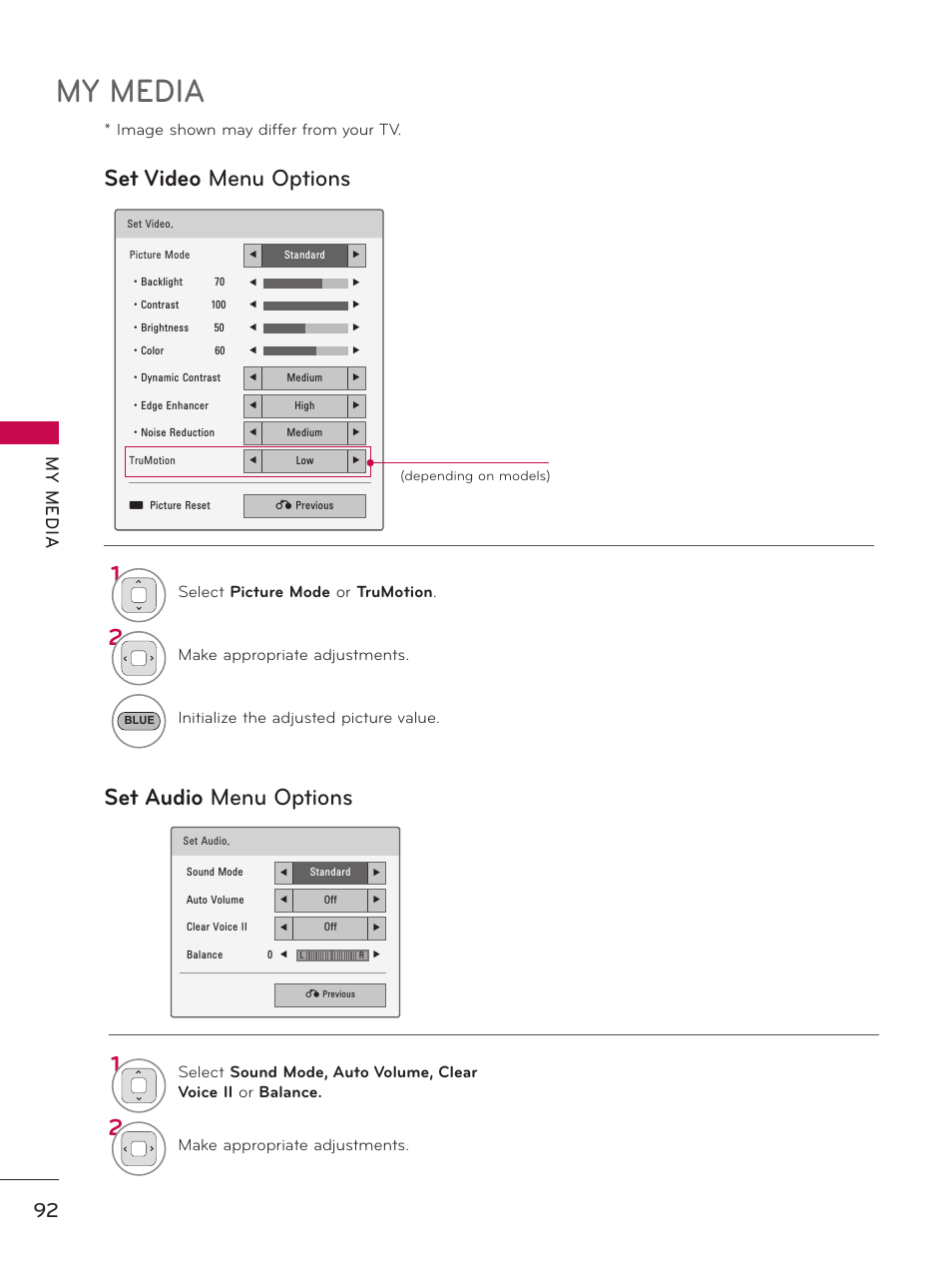 My media, Set video menu options set audio menu options, My m ed ia | LG 37LD450 User Manual | Page 92 / 172