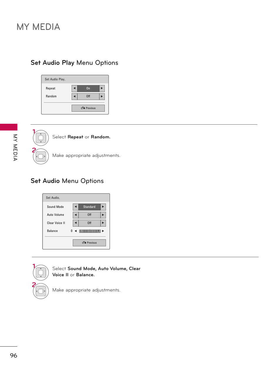 My media, Set audio play menu options set audio menu options, My m ed ia | LG 37LD450 User Manual | Page 96 / 172