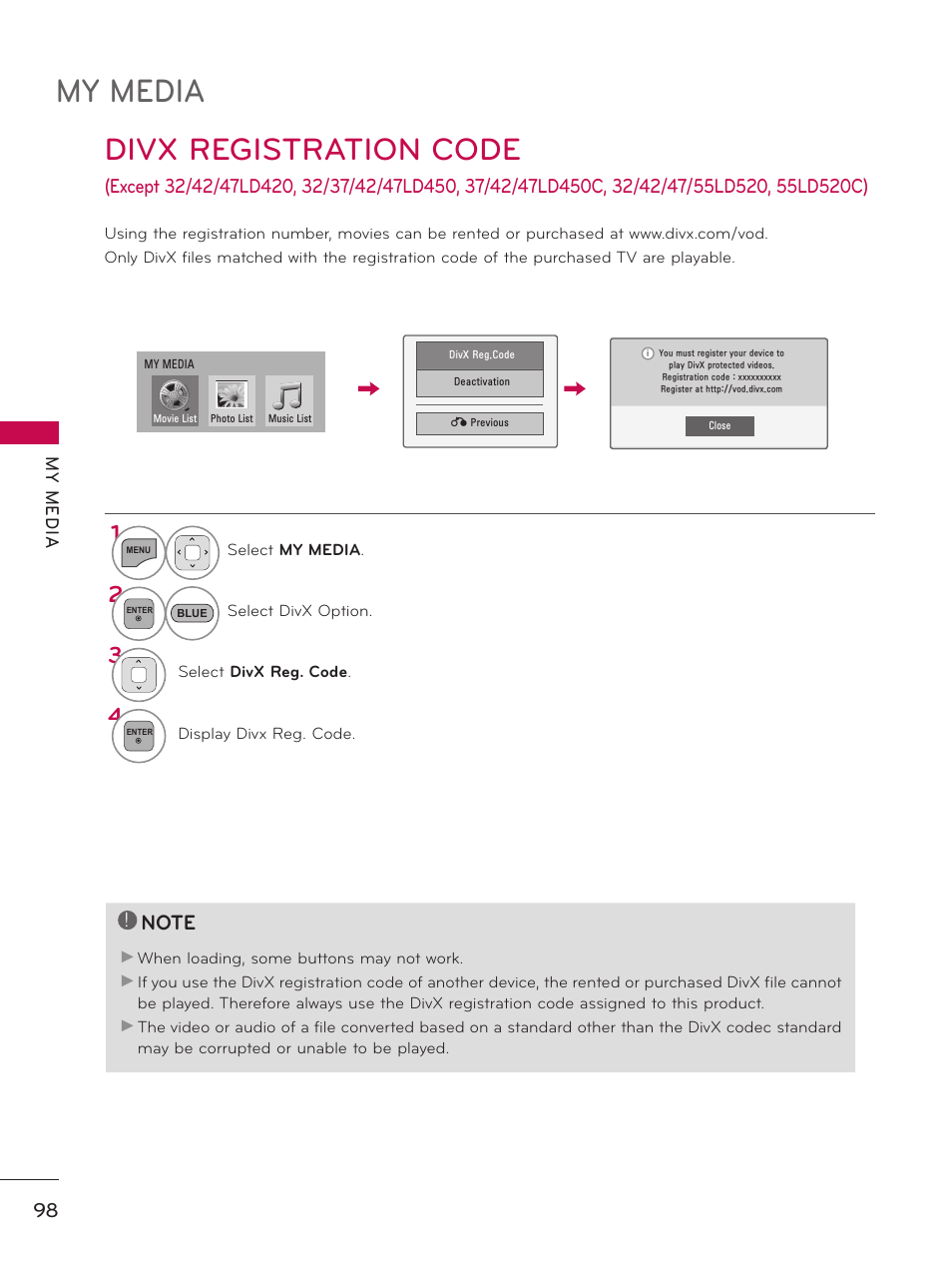 My media, Divx registration code | LG 37LD450 User Manual | Page 98 / 172