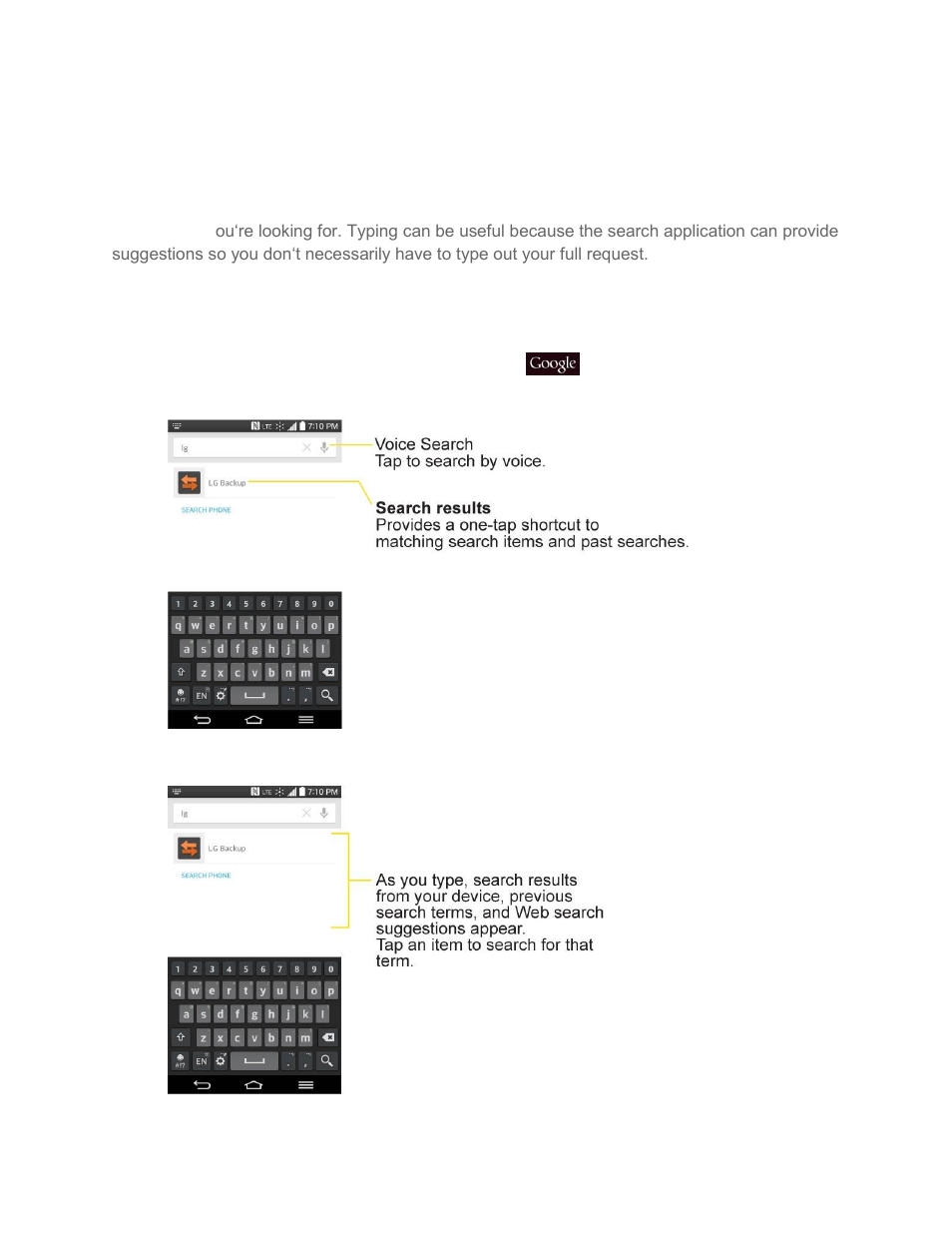 Search your phone and the web, Phone and web search using text entry | LG LGLS995 User Manual | Page 50 / 218