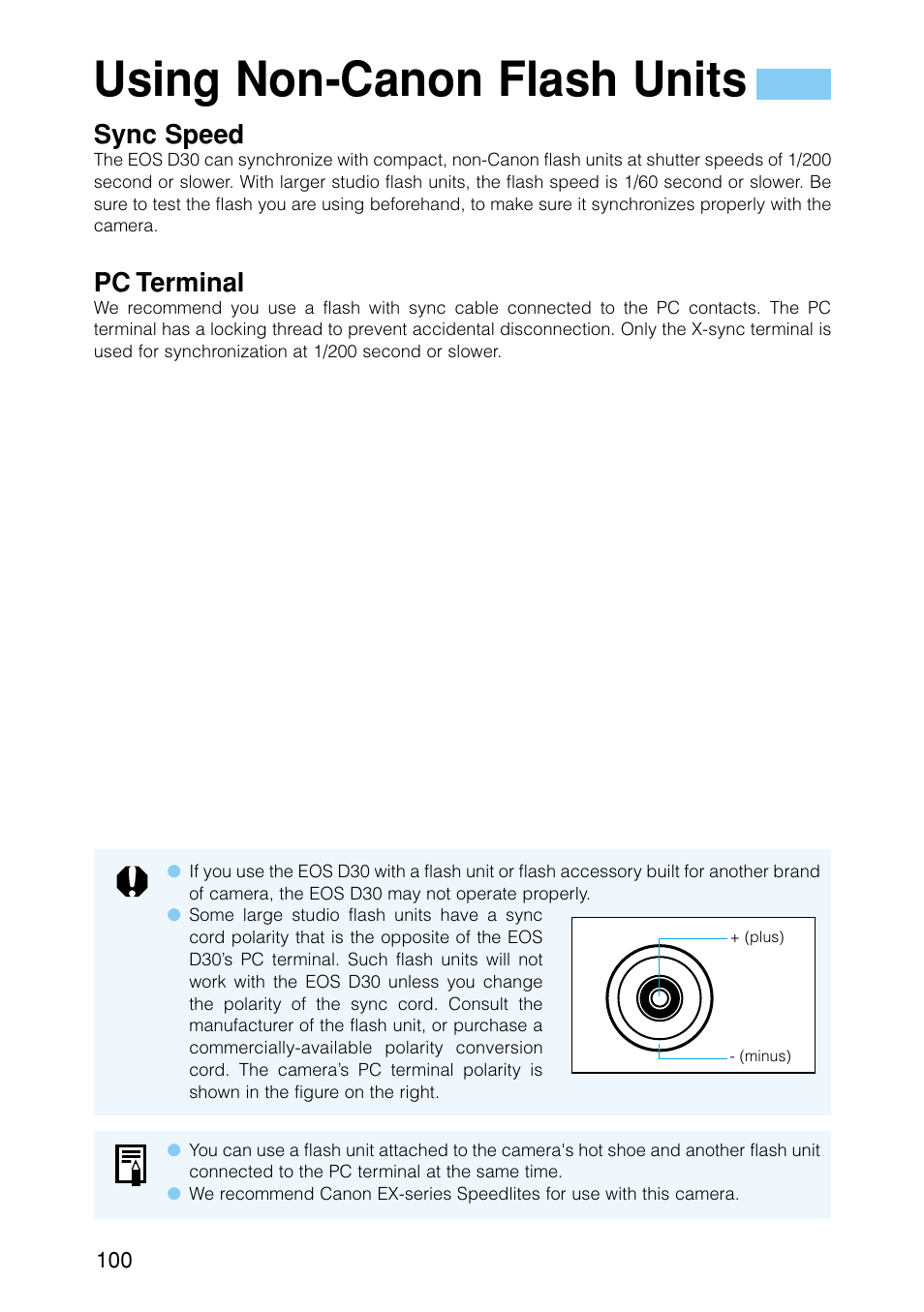 Using non-canon flash units, Sync speed, Pc terminal | Canon EOS D30 User Manual | Page 100 / 152