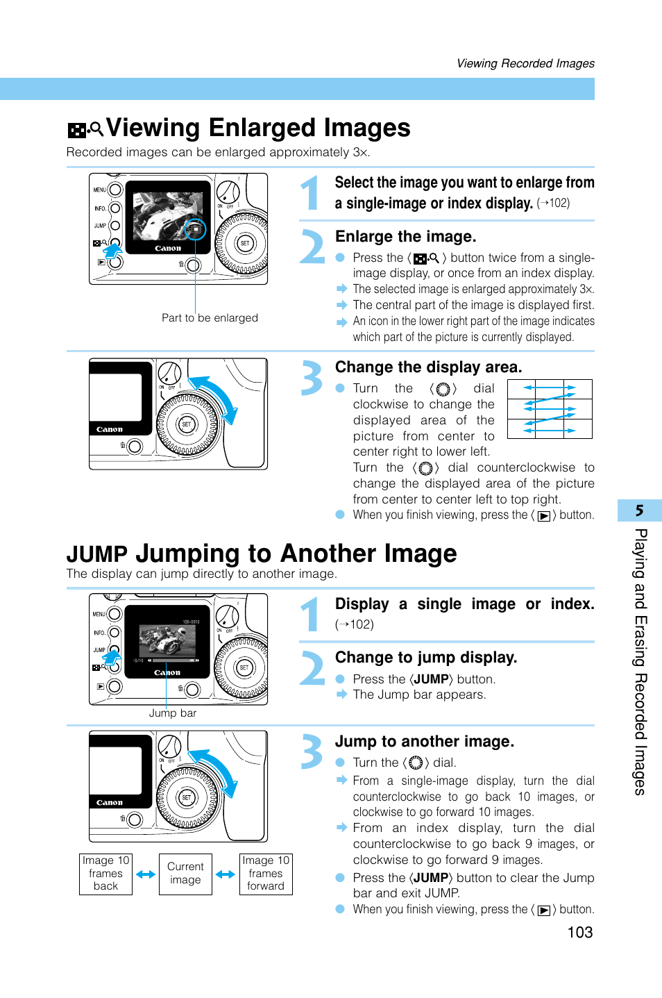 Viewing enlarged images, Jumping to another image, Jump | Canon EOS D30 User Manual | Page 103 / 152