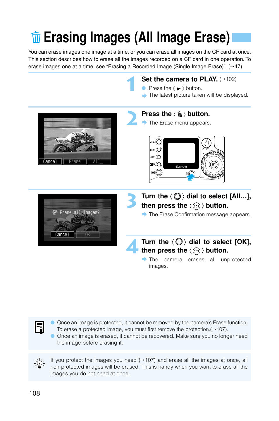 Erasing images (all image erase) | Canon EOS D30 User Manual | Page 108 / 152