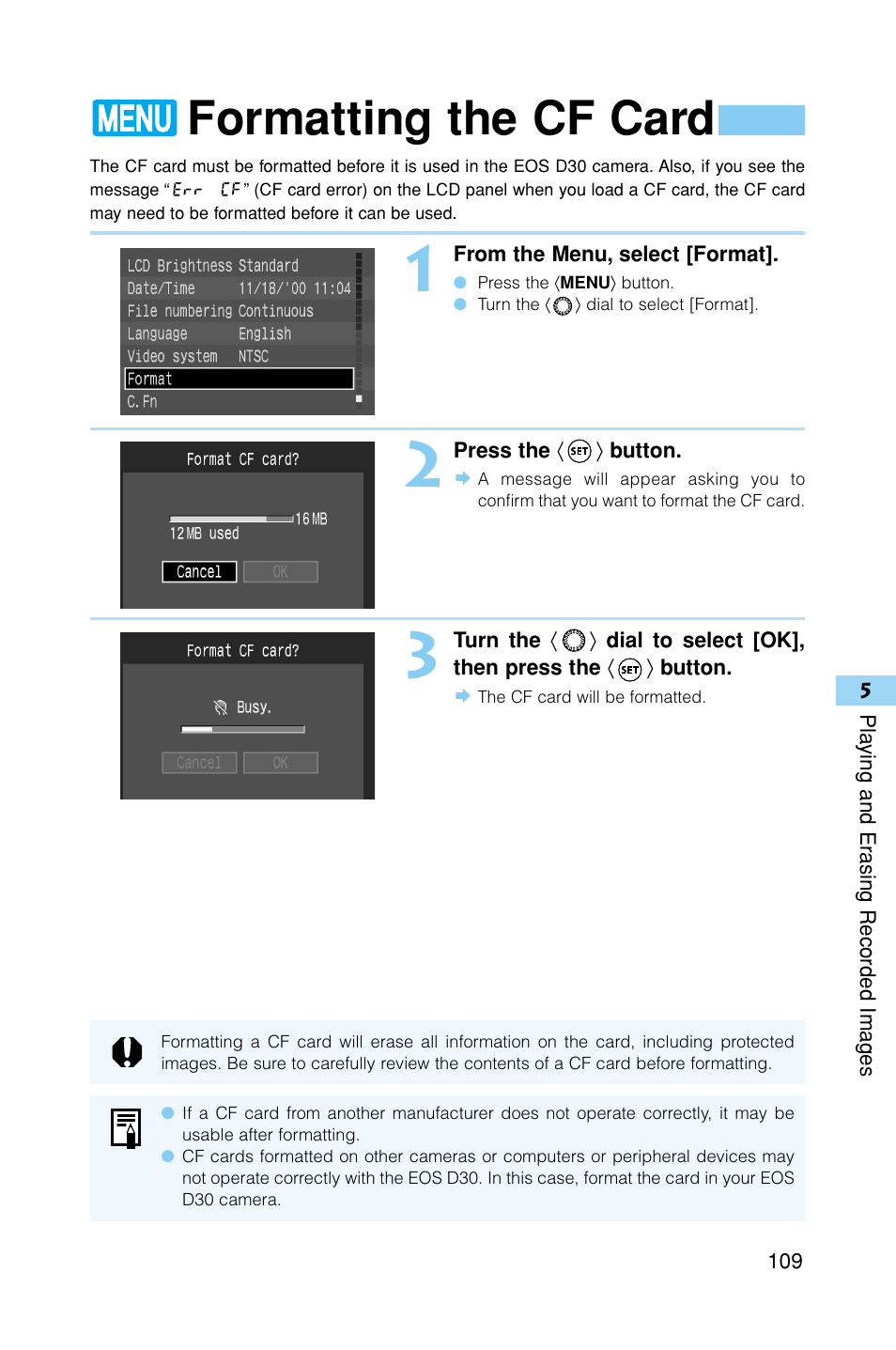 Formatting the cf card | Canon EOS D30 User Manual | Page 109 / 152