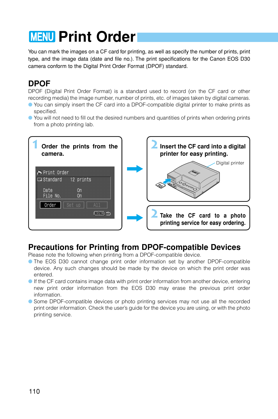 Print order, Dpof | Canon EOS D30 User Manual | Page 110 / 152