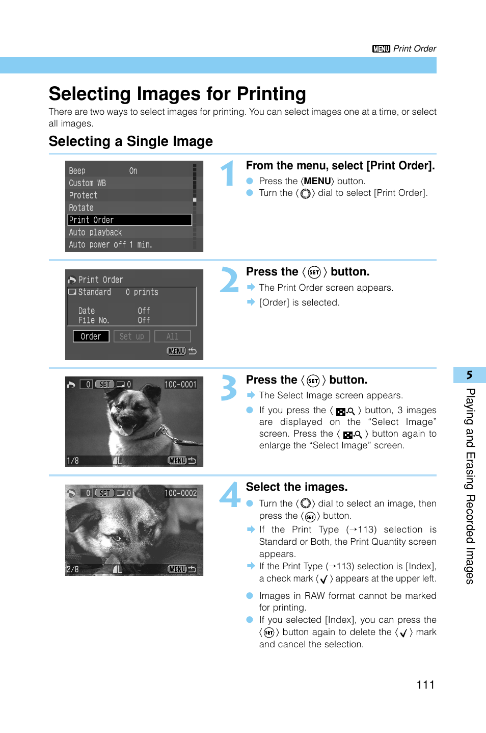 Selecting images for printing, Selecting a single image | Canon EOS D30 User Manual | Page 111 / 152