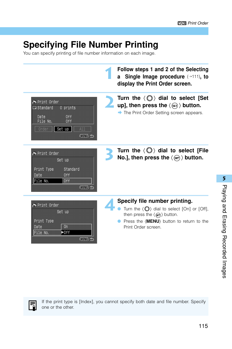 Specifying file number printing | Canon EOS D30 User Manual | Page 115 / 152