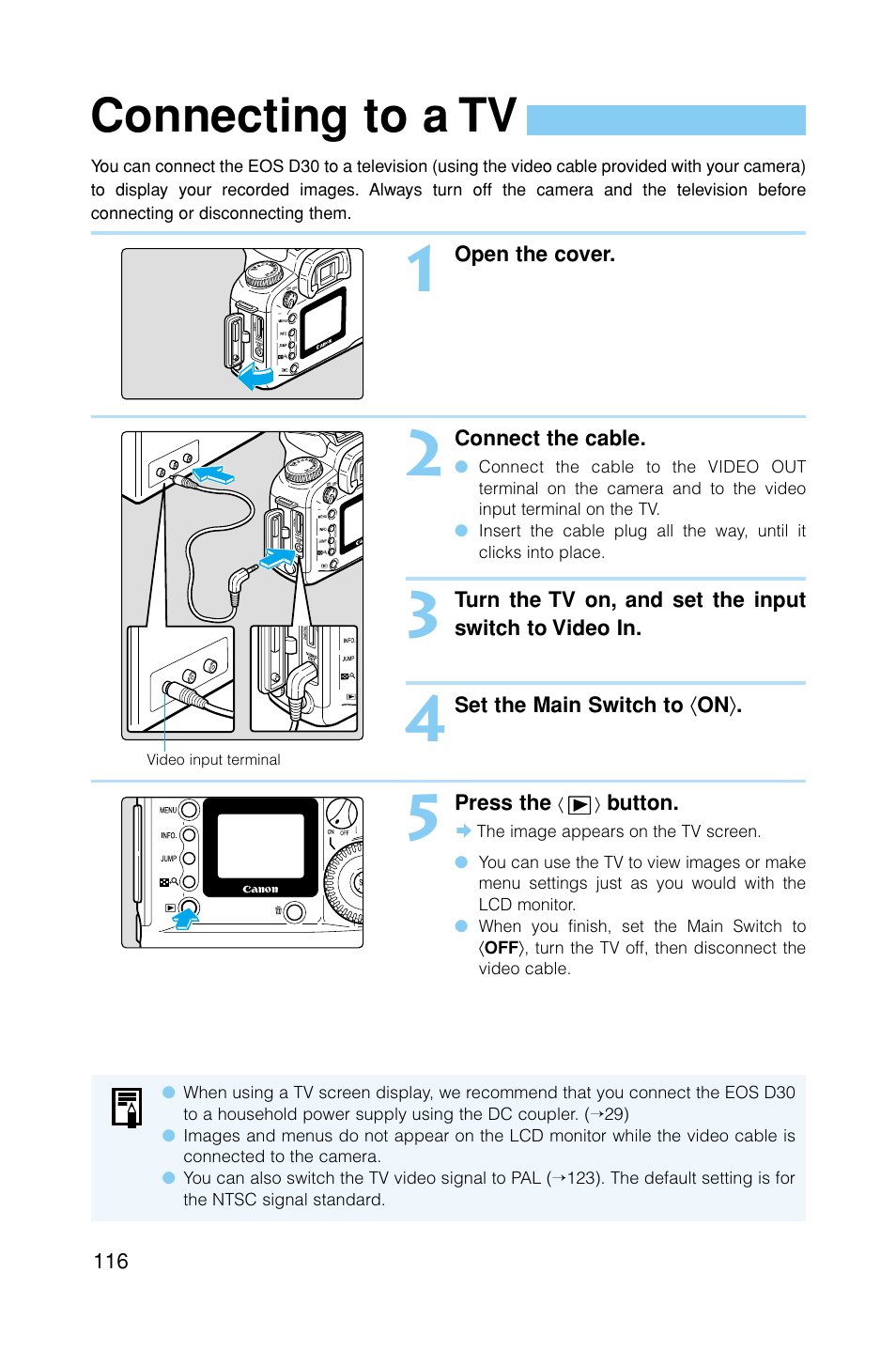 Connecting to a tv | Canon EOS D30 User Manual | Page 116 / 152