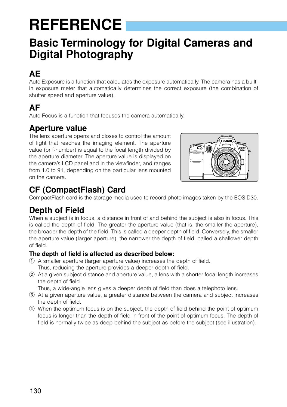 Reference, Basic terminology for digital cameras, And digital photography | Aperture value, Cf (compactflash) card, Depth of field | Canon EOS D30 User Manual | Page 130 / 152