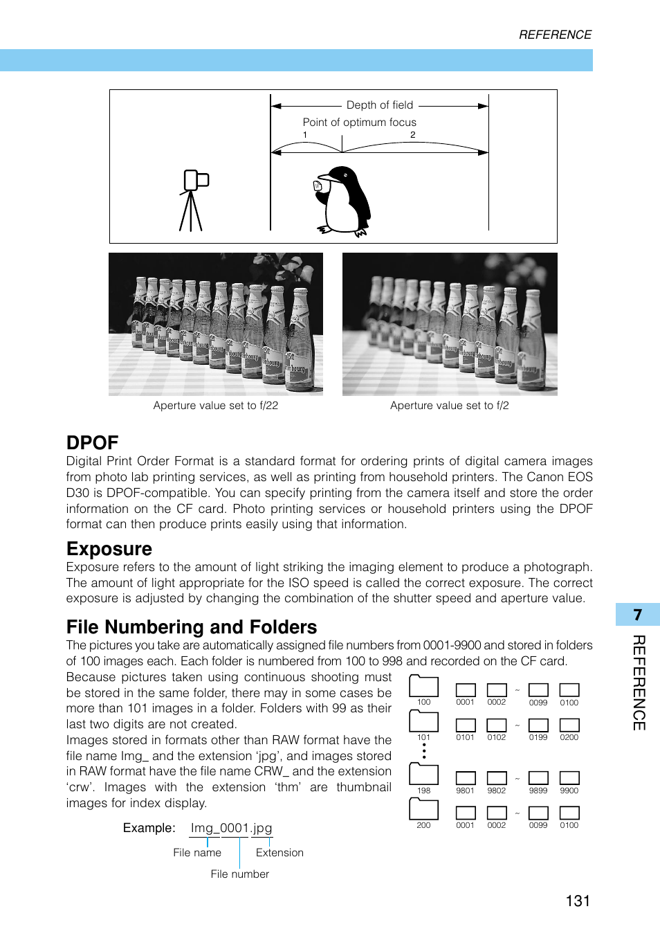 Dpof, Exposure, File numbering and folders | 7reference 131 | Canon EOS D30 User Manual | Page 131 / 152