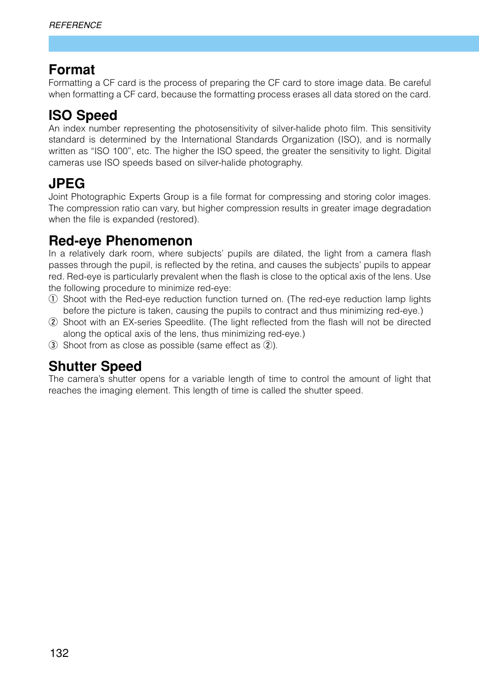 Format, Iso speed, Jpeg | Red-eye phenomenon, Shutter speed | Canon EOS D30 User Manual | Page 132 / 152