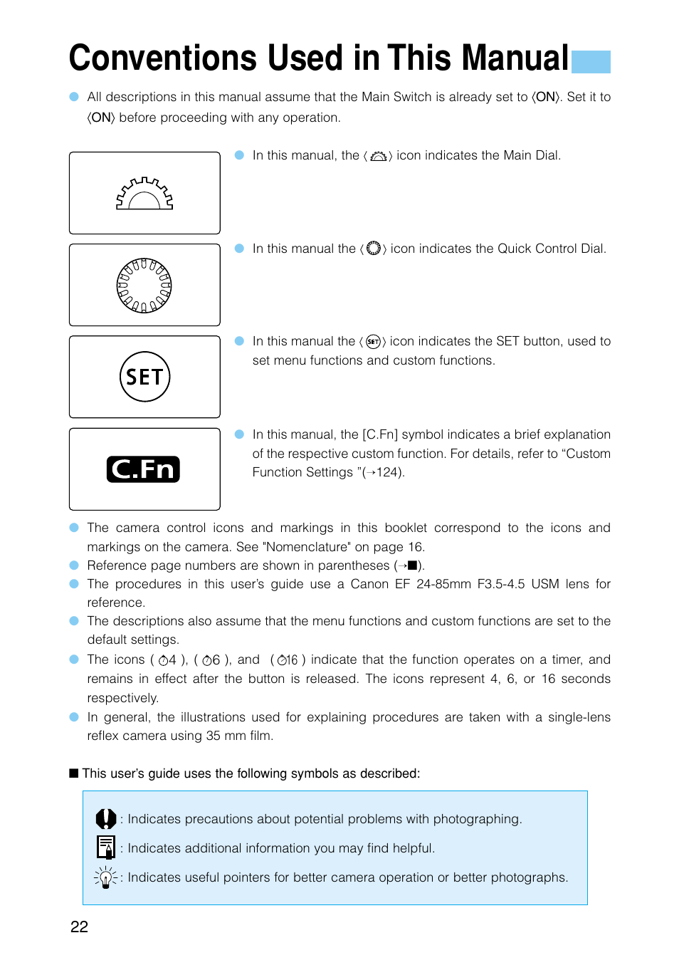 Conventions used in this manual | Canon EOS D30 User Manual | Page 22 / 152