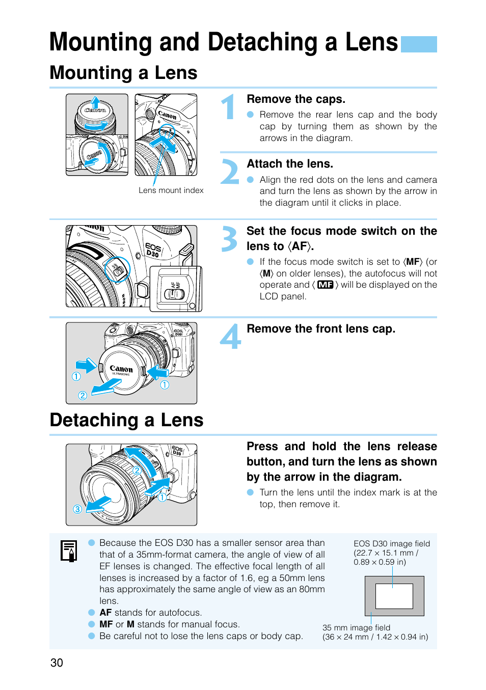 Mounting and detaching a lens, Mounting a lens detaching a lens, Mounting a lens | Detaching a lens | Canon EOS D30 User Manual | Page 30 / 152