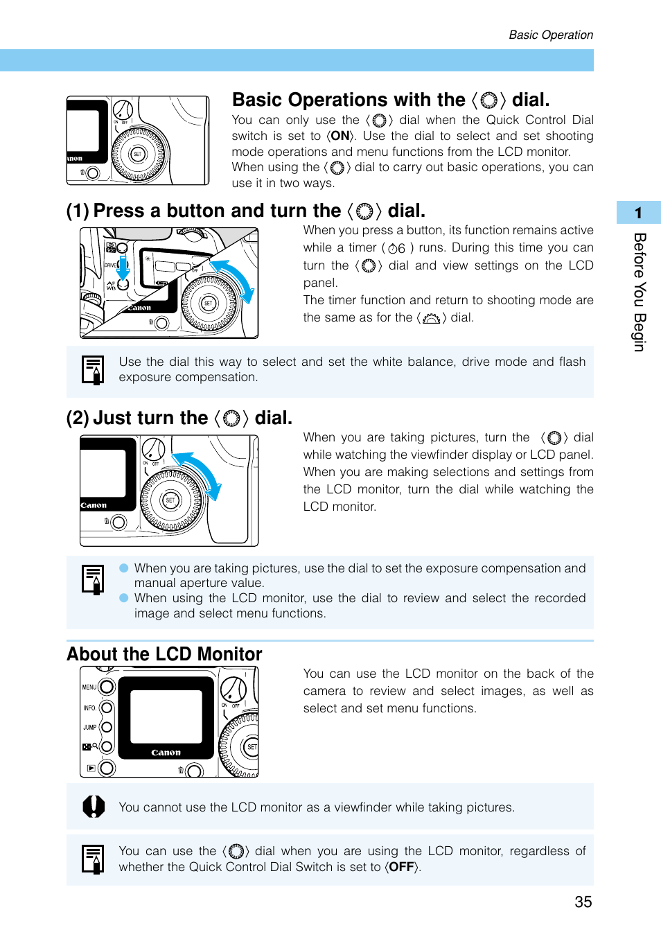 Basic operations with the 〈 〉 dial, 1) press a button and turn the 〈 〉 dial, 2) just turn the 〈 〉 dial | About the lcd monitor | Canon EOS D30 User Manual | Page 35 / 152