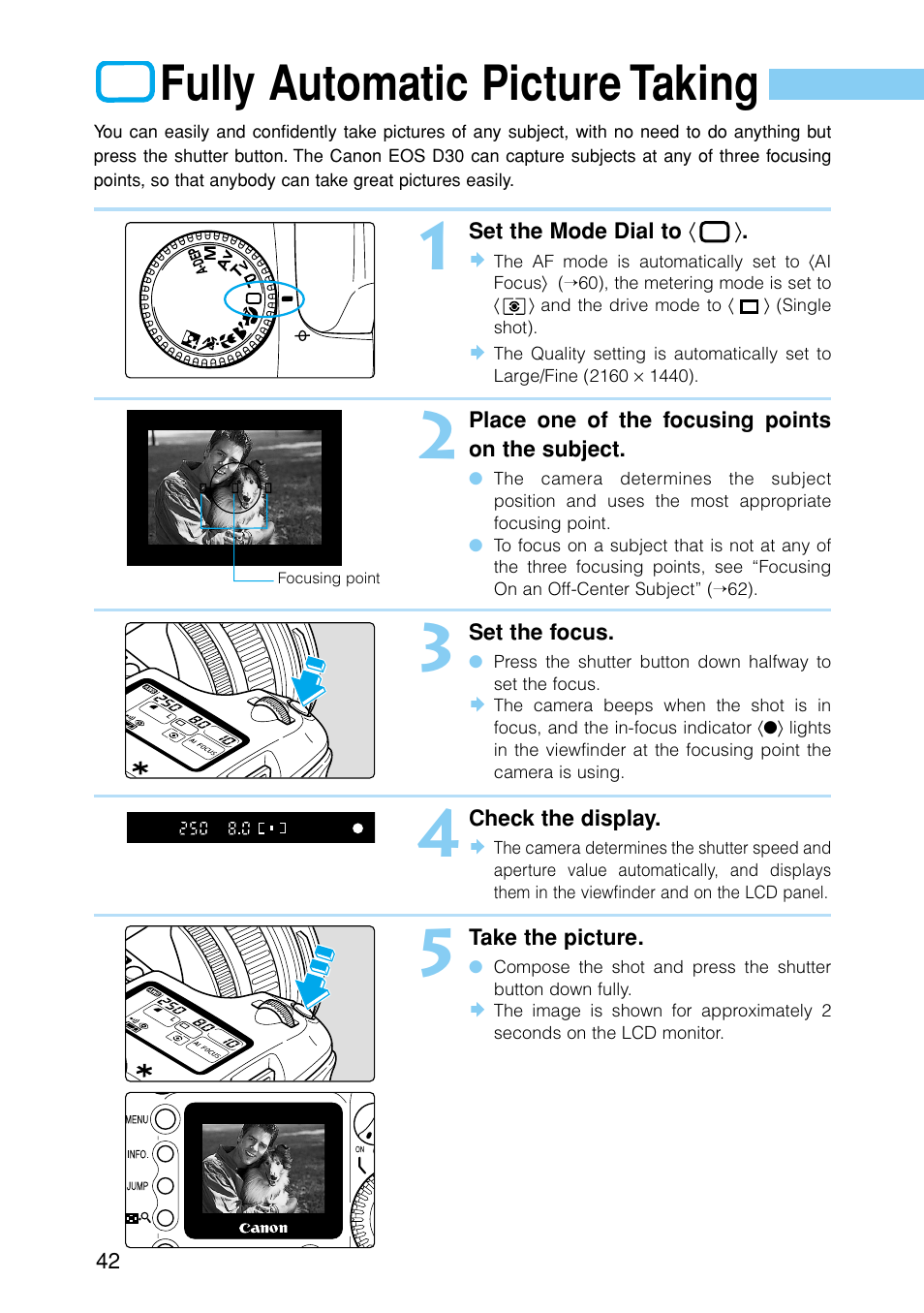 Fully automatic picture taking, Automatic built-in flash af-assist light | Canon EOS D30 User Manual | Page 42 / 152