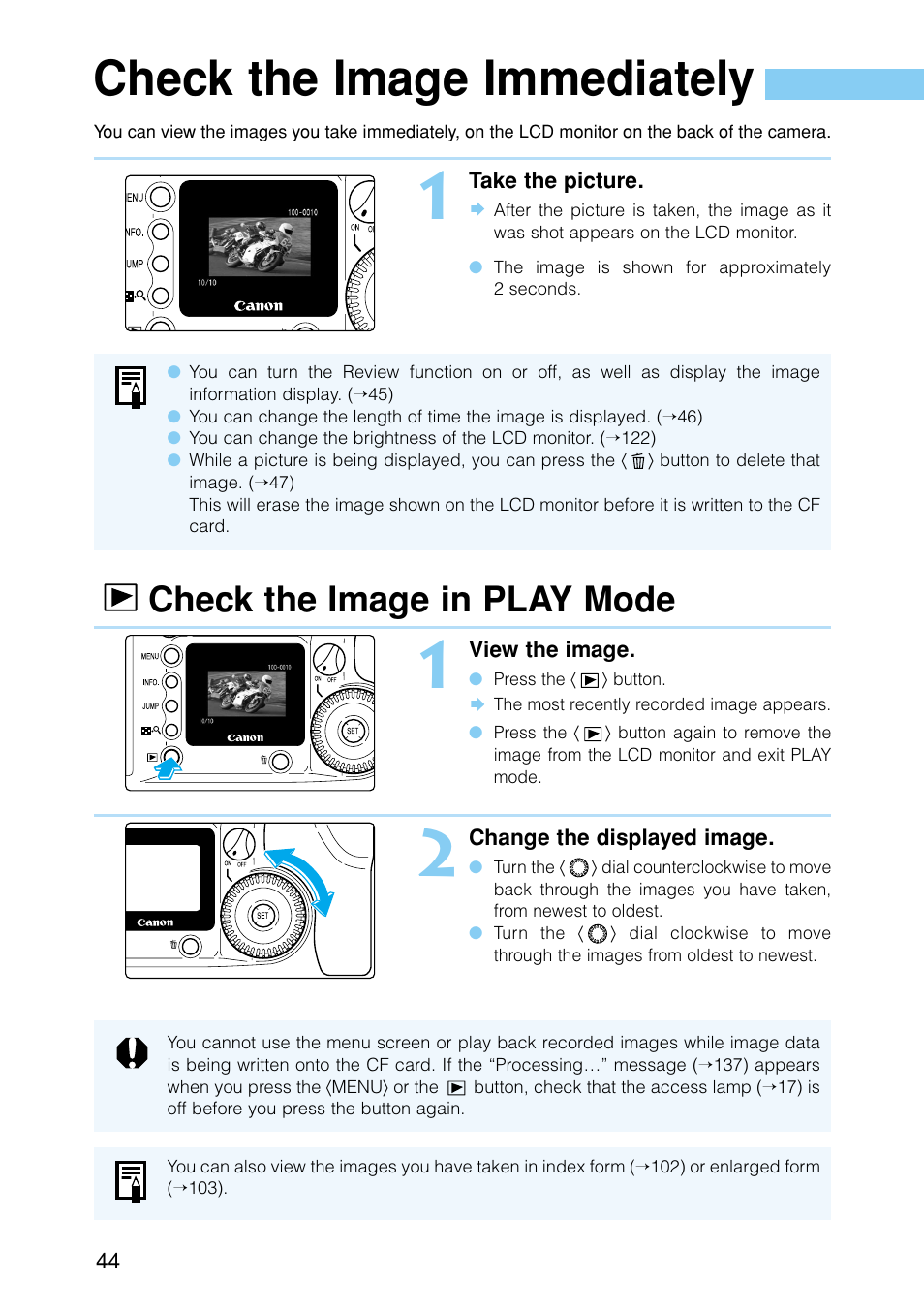 Check the image immediately, Check the image in play mode, For checking | Canon EOS D30 User Manual | Page 44 / 152