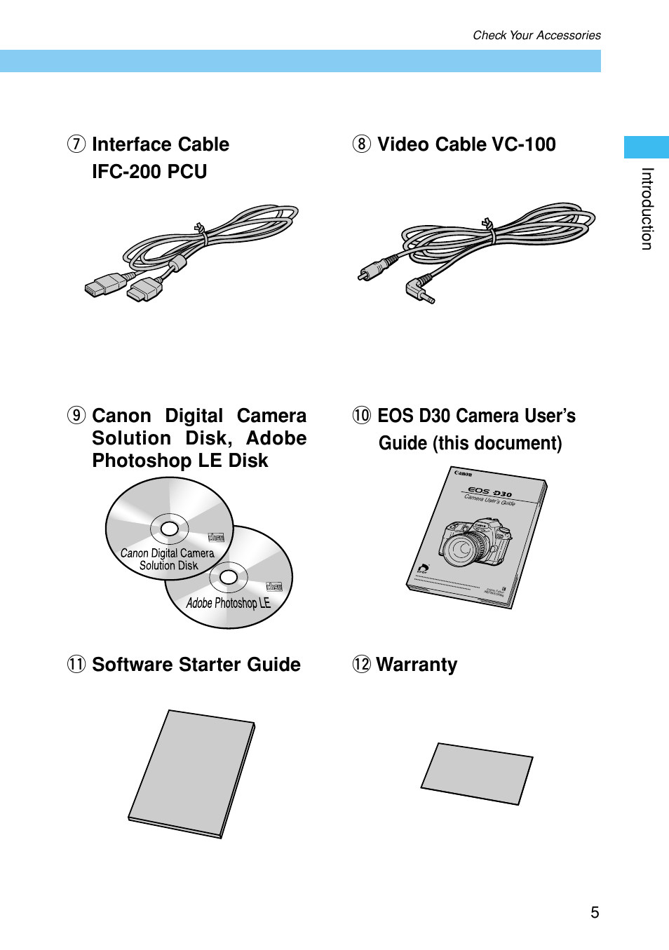 1 software starter guide !2 warranty | Canon EOS D30 User Manual | Page 5 / 152