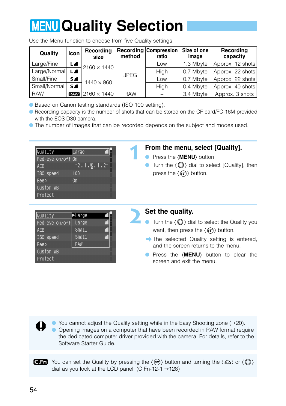 Quality selection | Canon EOS D30 User Manual | Page 54 / 152