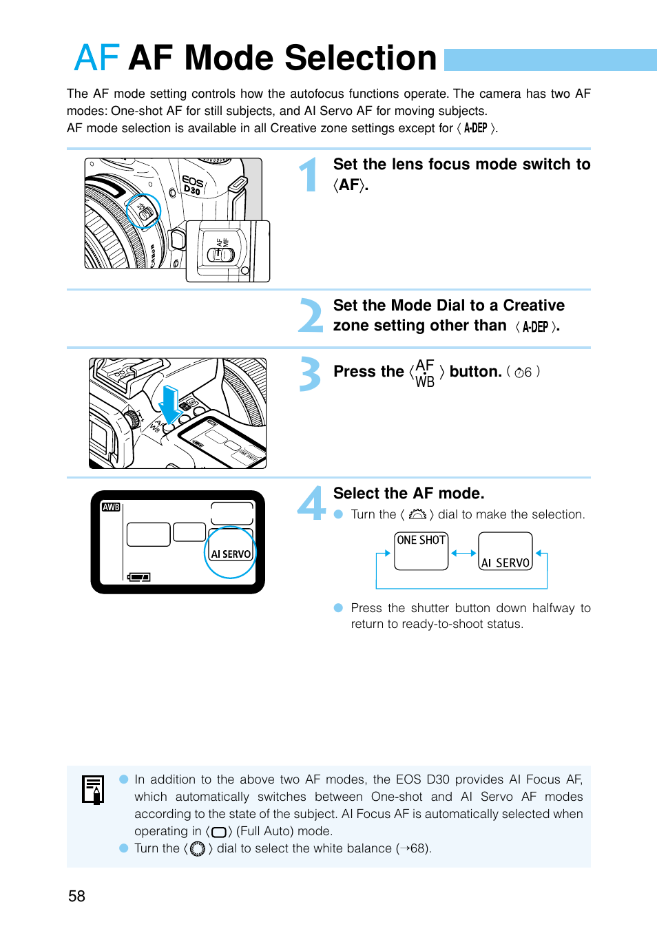 Af mode selection | Canon EOS D30 User Manual | Page 58 / 152