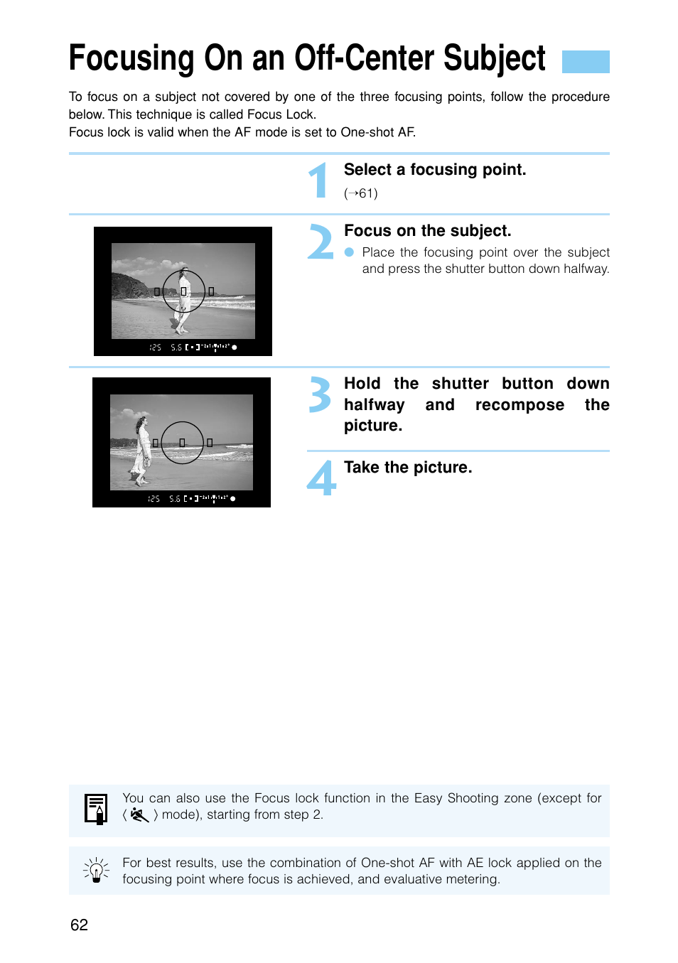Focusing on an off-center subject | Canon EOS D30 User Manual | Page 62 / 152