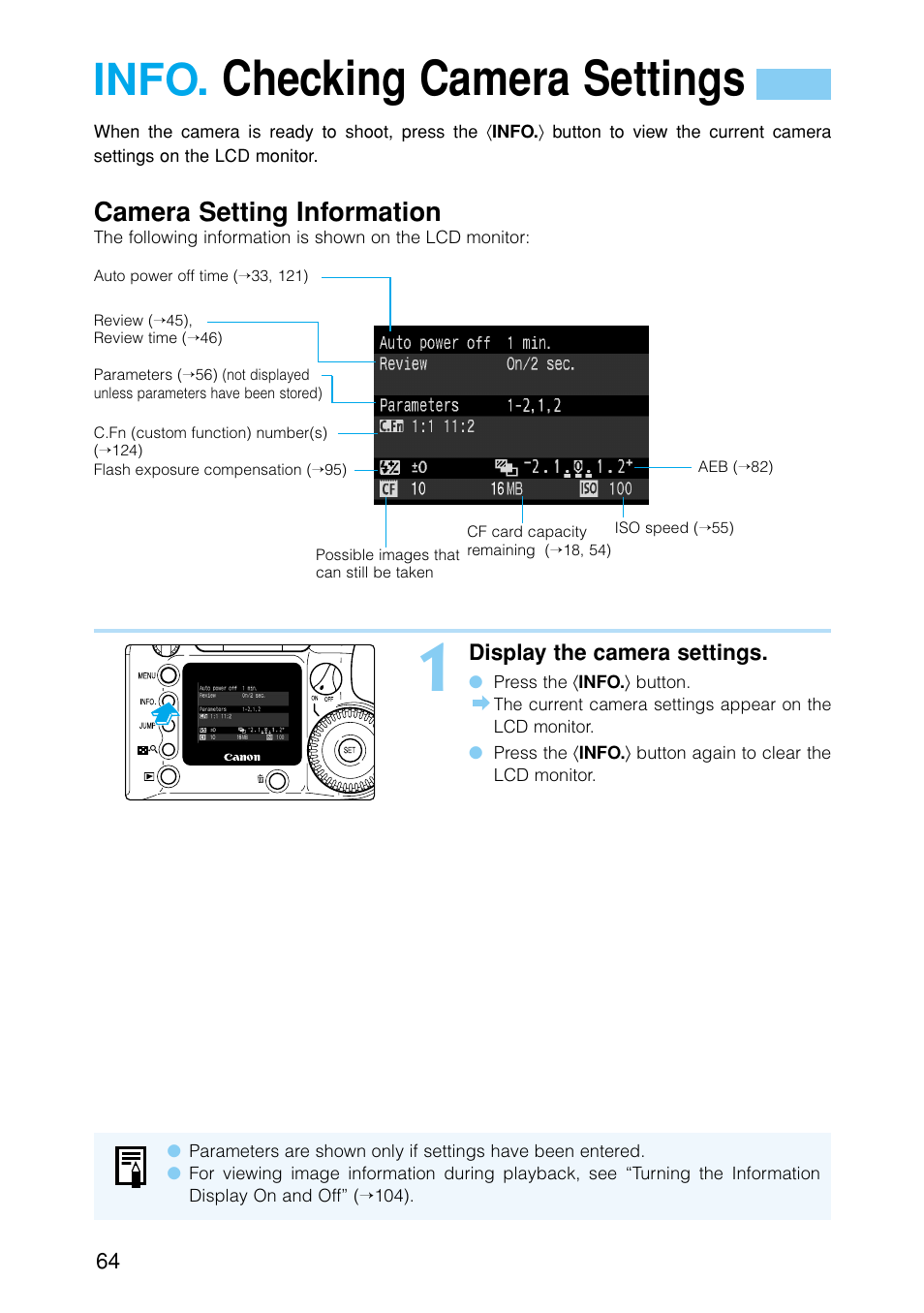 Checking camera settings, Info, Camera setting information | Canon EOS D30 User Manual | Page 64 / 152