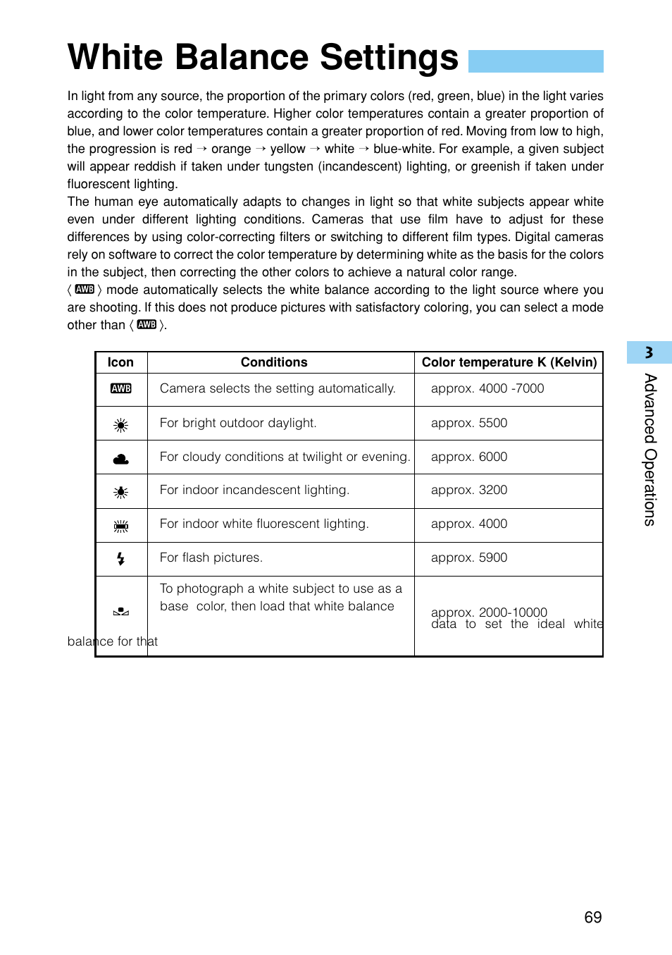 White balance settings | Canon EOS D30 User Manual | Page 69 / 152