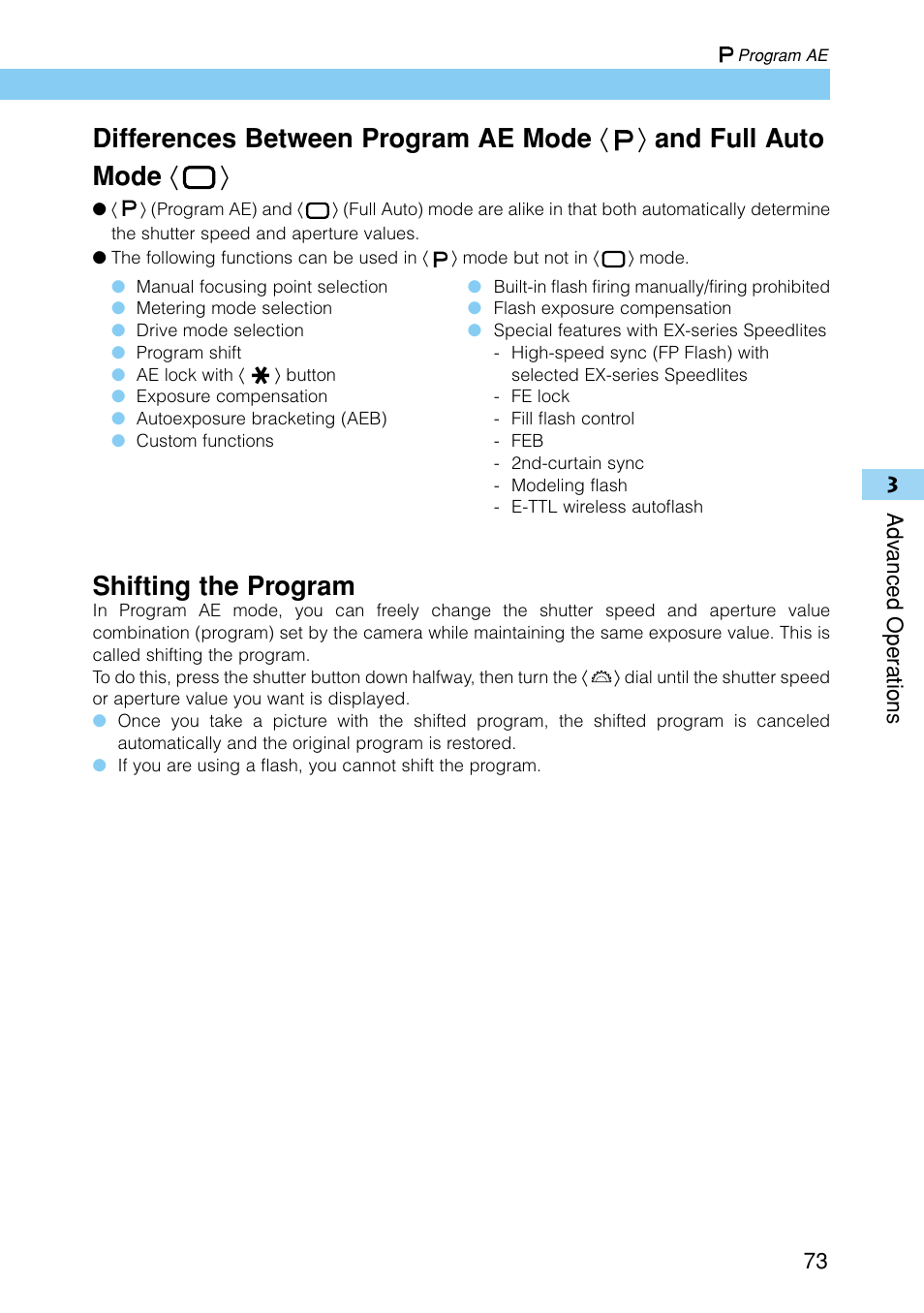 Shifting the program | Canon EOS D30 User Manual | Page 73 / 152