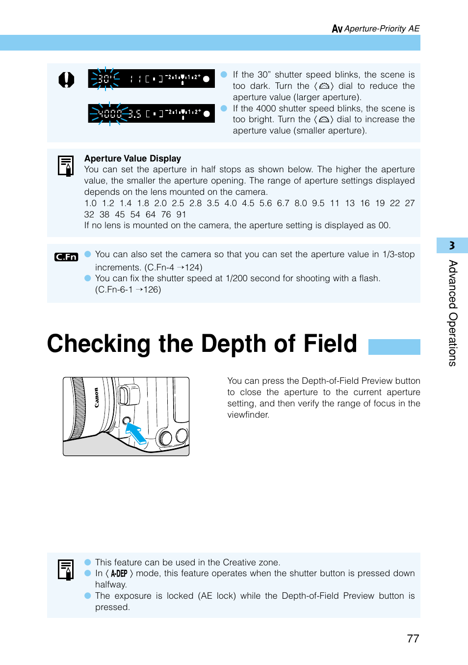 Checking the depth of field | Canon EOS D30 User Manual | Page 77 / 152