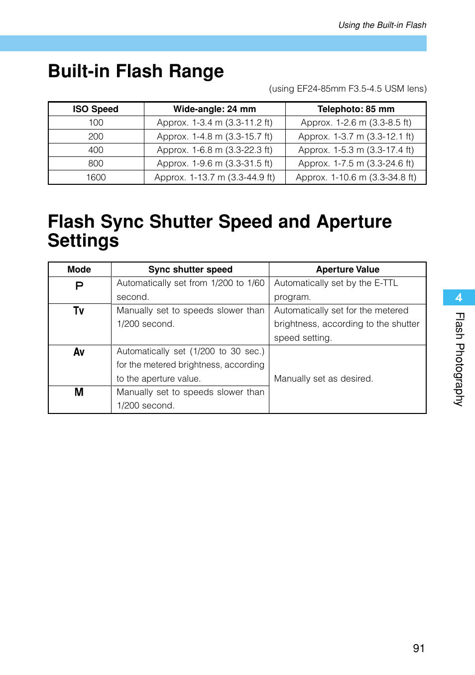 Built-in flash range, Flash sync shutter speed and aperture settings | Canon EOS D30 User Manual | Page 91 / 152