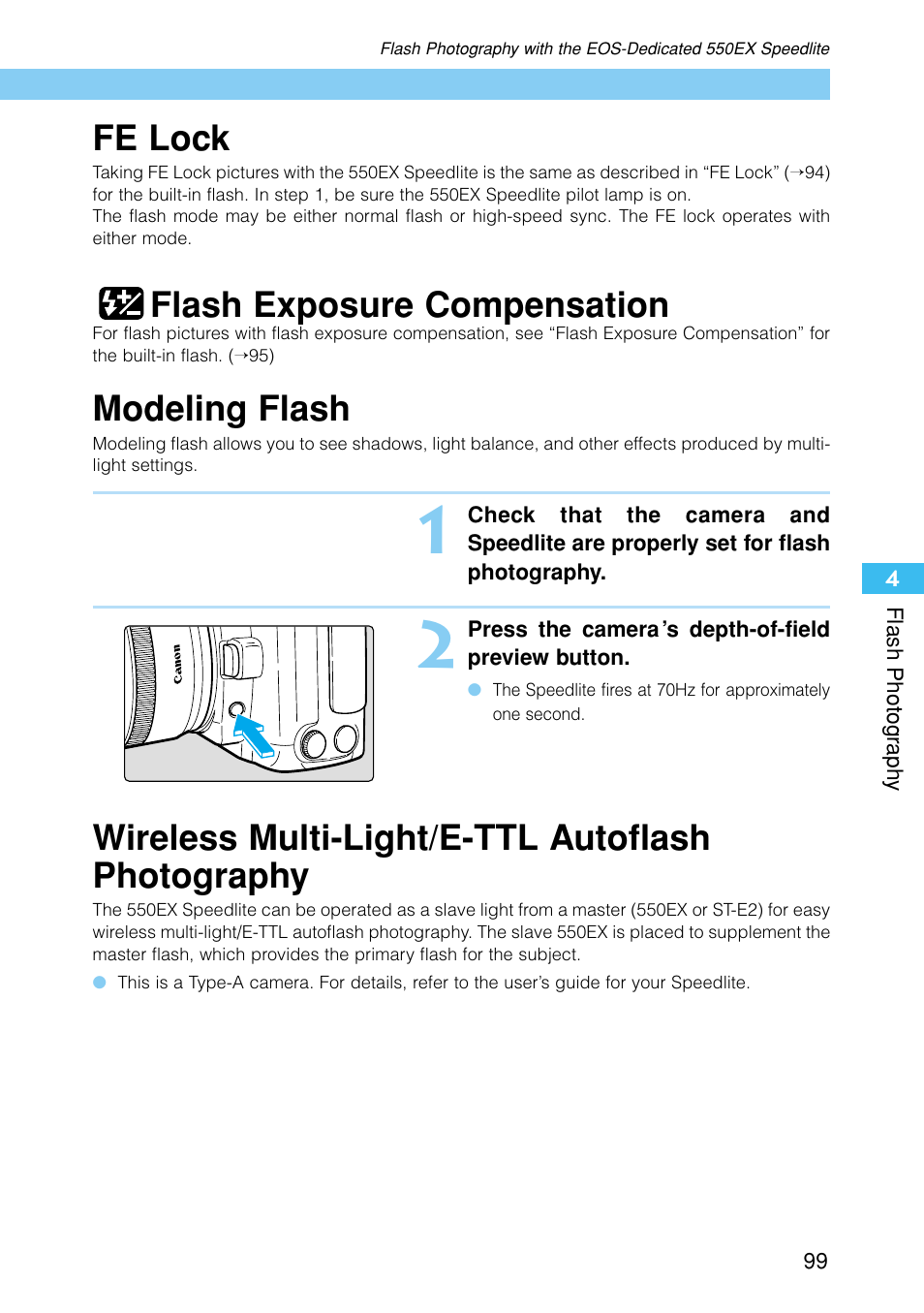 Fe lock, Flash exposure compensation, Modeling flash | Wireless multi-light/e-ttl autoflash photography | Canon EOS D30 User Manual | Page 99 / 152