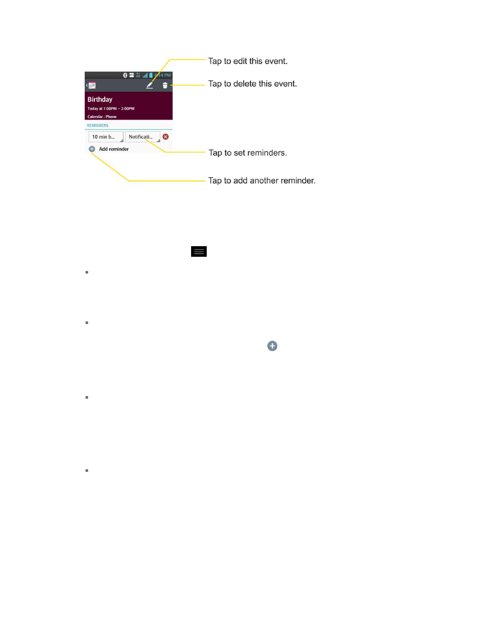 Create an event, Edit or delete an event | LG LS720 User Manual | Page 145 / 192