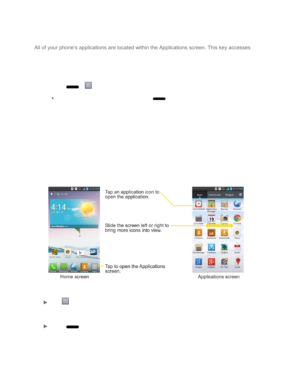 Use the applications key, Applications: how to view, open and switch | LG LS720 User Manual | Page 33 / 192