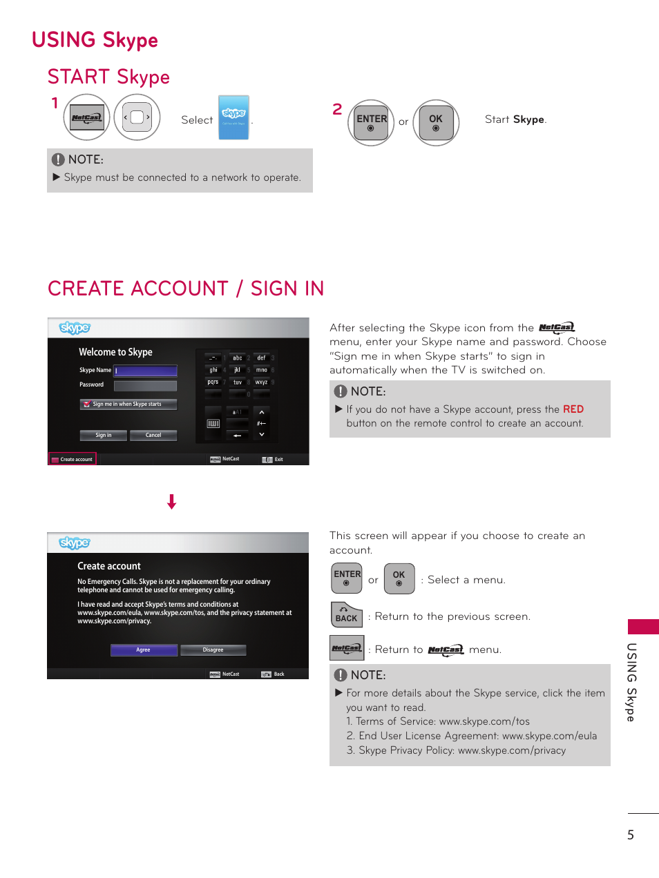 Using skype, Start skype, Create account / sign in | Us in g s ky pe | LG AN-VC200 User Manual | Page 5 / 13