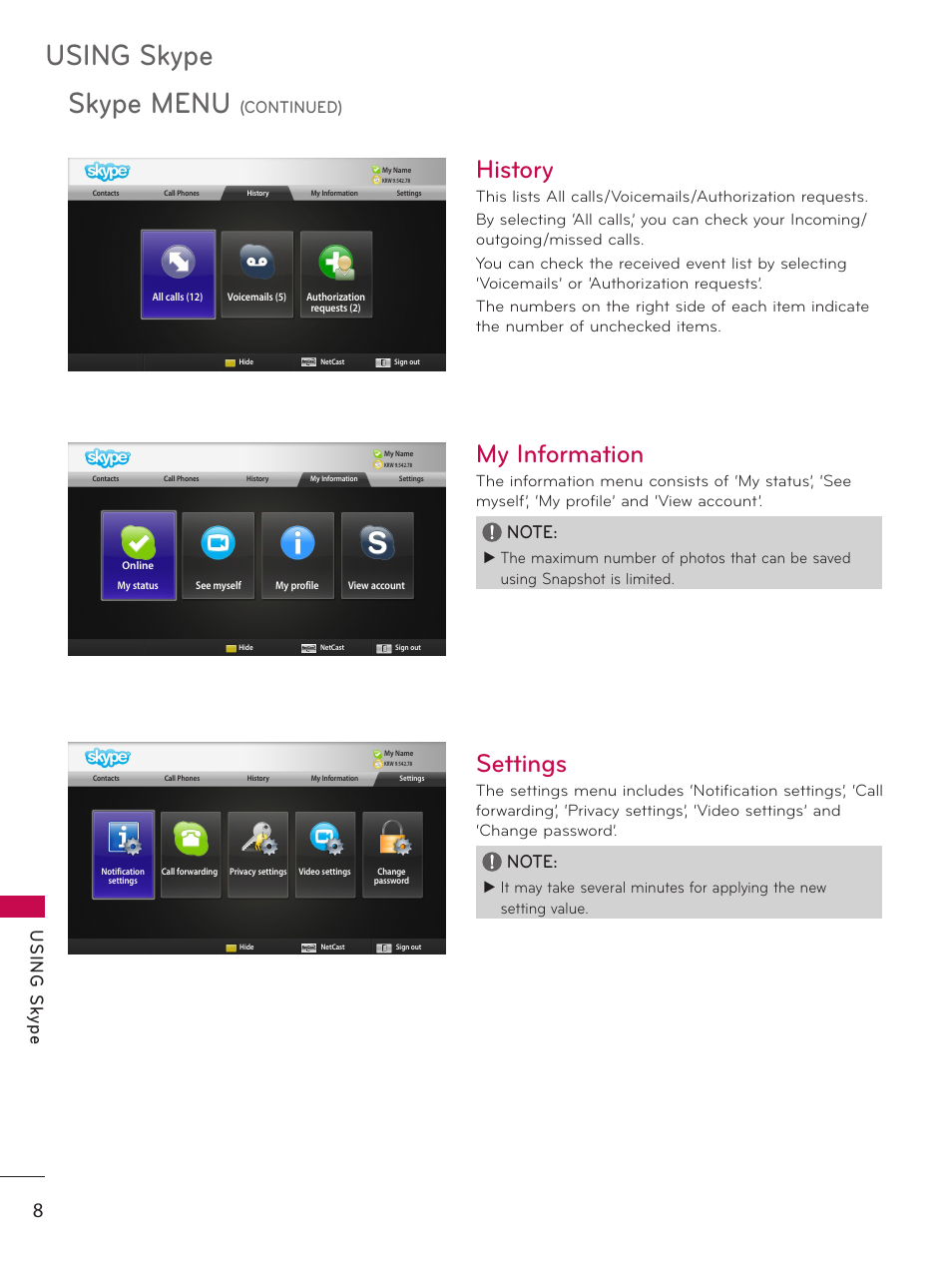 History, My information, Settings | Using skype, Skype menu, Us in g s ky pe, Continued) | LG AN-VC200 User Manual | Page 8 / 13