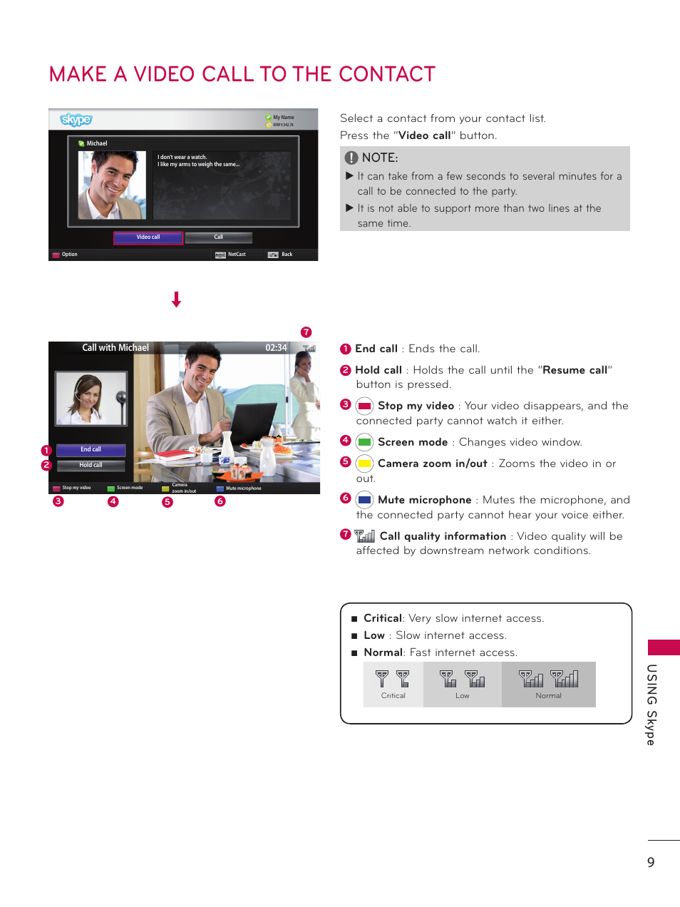 Make a video call to the contact, Us in g s ky pe | LG AN-VC200 User Manual | Page 9 / 13