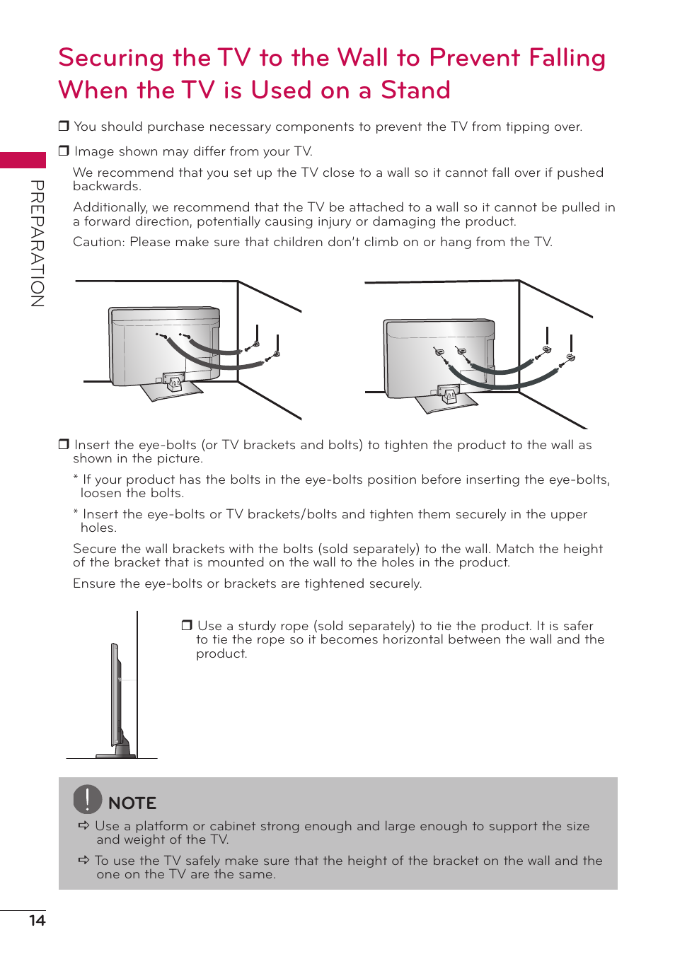 Securing the tv to the wall to prevent, Falling when the tv is used on a, Stand | Prep ar a tion | LG 32LV2400 User Manual | Page 14 / 64