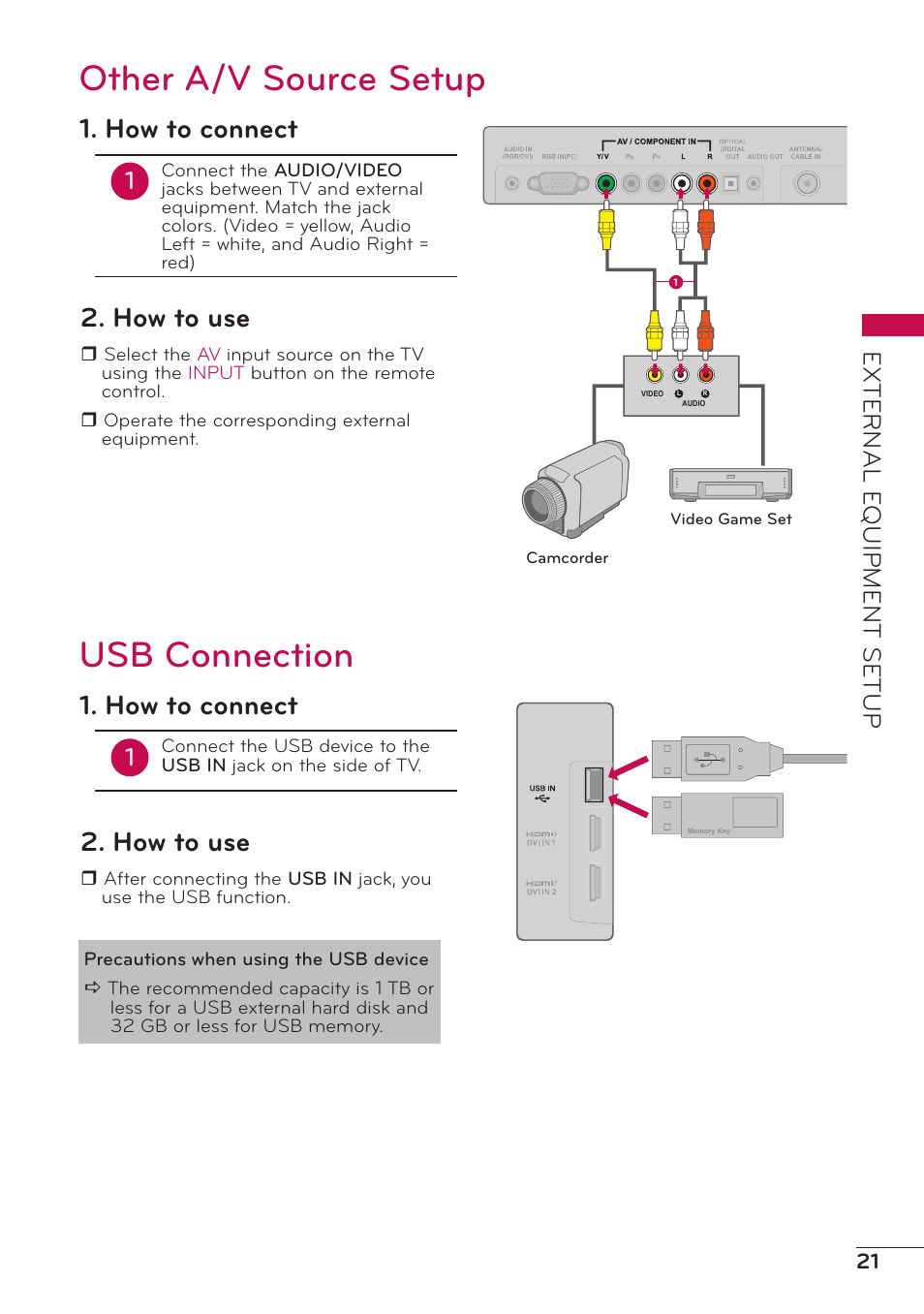 Other a/v source setup usb connection, Other a/v source setup, Usb connection | How to connect, How to use, External e quipment setup | LG 32LV2400 User Manual | Page 22 / 64