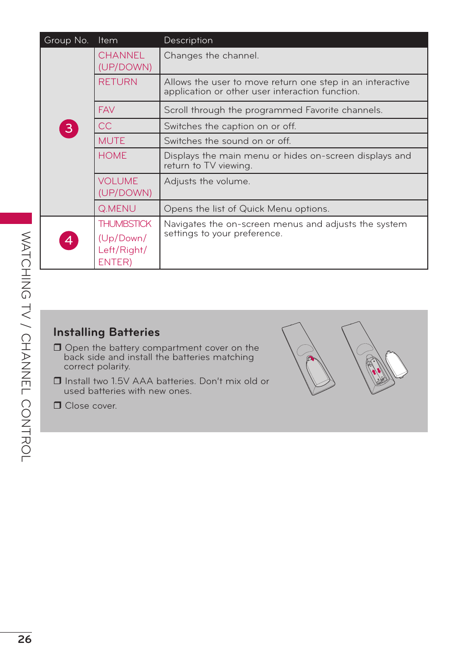 Wa tching t v / channel c ontr ol, Installing batteries | LG 32LV2400 User Manual | Page 27 / 64