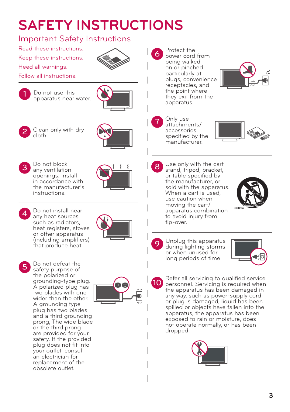 Safety instructions, Important safety instructions | LG 32LV2400 User Manual | Page 3 / 64