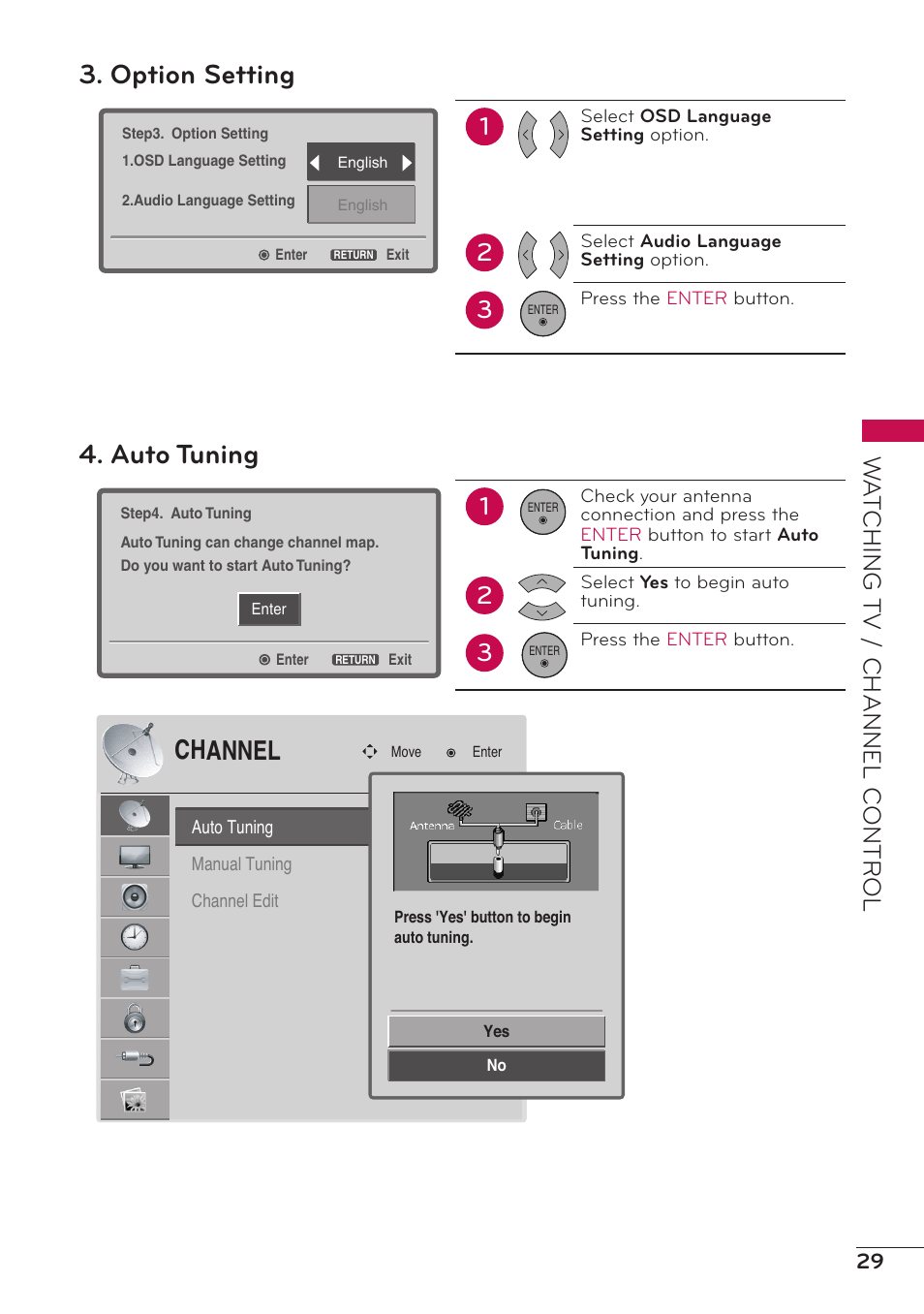 Option setting, Auto tuning, Channel | Wa tching t v / channel c ontr ol | LG 32LV2400 User Manual | Page 30 / 64