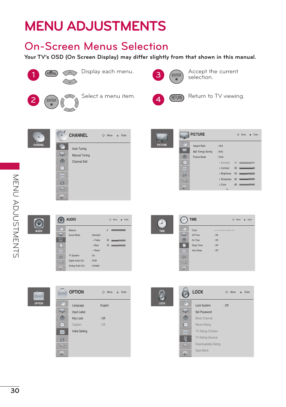 Menu adjustments, On-screen menus selection, Menu adjus tment s | Display each menu. select a menu item, Accept the current selection. return to tv viewing, Return | LG 32LV2400 User Manual | Page 31 / 64